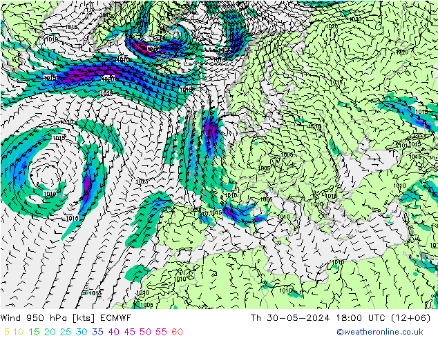 Prec 6h/Wind 10m/950 ECMWF Do 30.05.2024 18 UTC