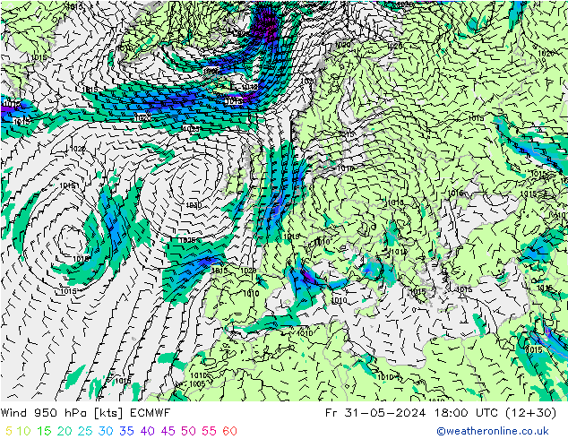 Wind 950 hPa ECMWF Fr 31.05.2024 18 UTC