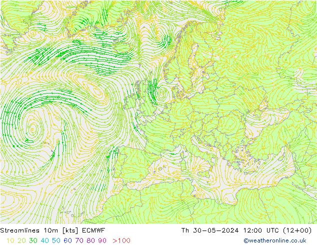 Stroomlijn 10m ECMWF do 30.05.2024 12 UTC