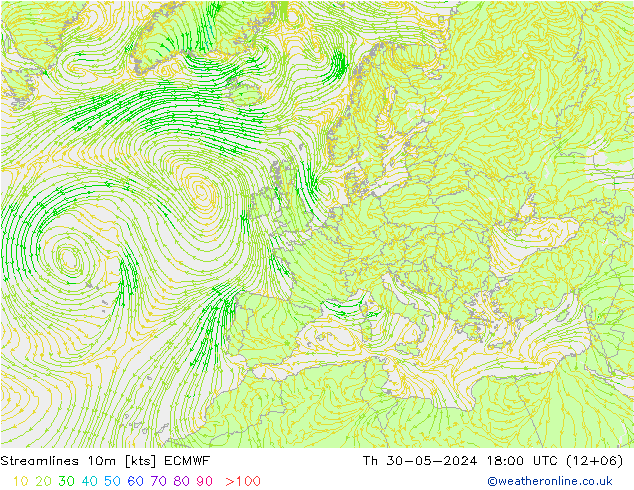 Streamlines 10m ECMWF Čt 30.05.2024 18 UTC