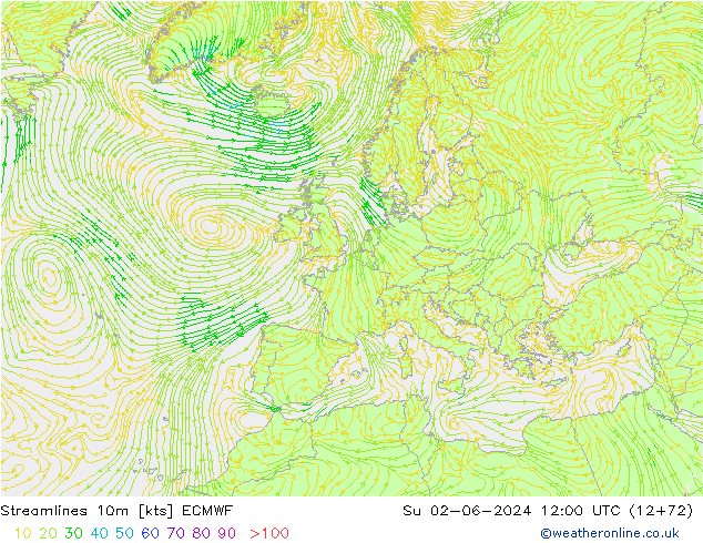 Linea di flusso 10m ECMWF dom 02.06.2024 12 UTC
