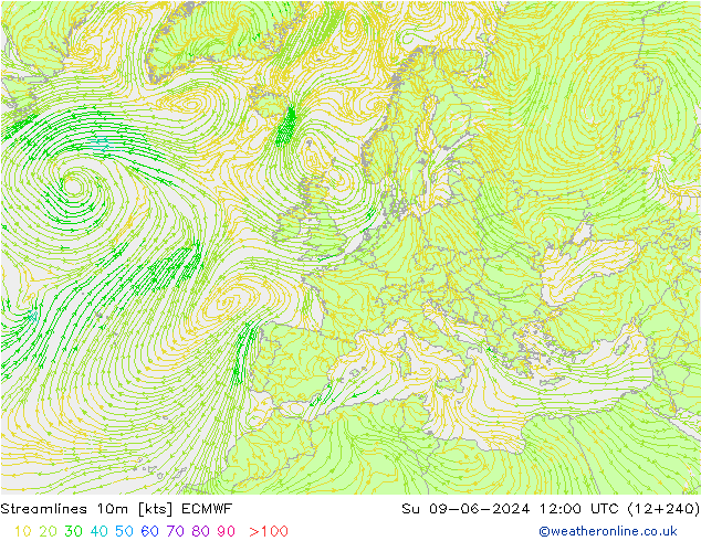 Stromlinien 10m ECMWF So 09.06.2024 12 UTC