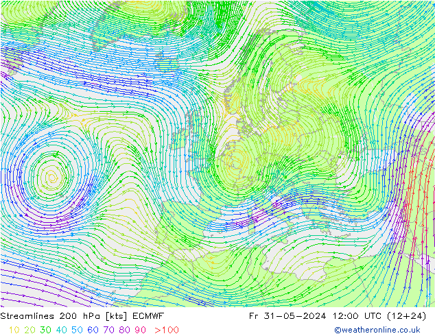 Stroomlijn 200 hPa ECMWF vr 31.05.2024 12 UTC