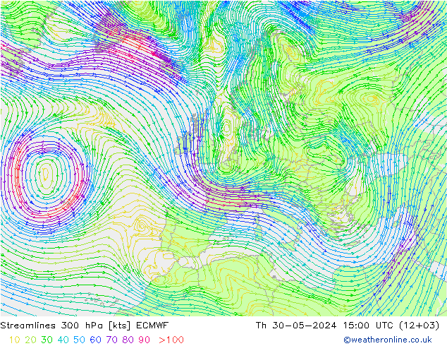 Linea di flusso 300 hPa ECMWF gio 30.05.2024 15 UTC