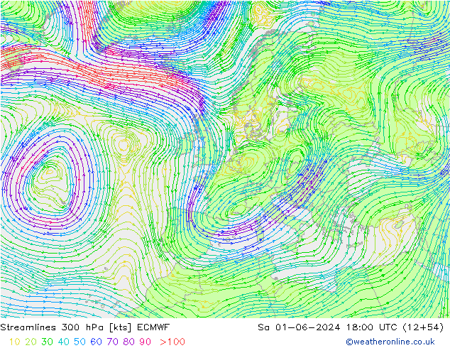 Linea di flusso 300 hPa ECMWF sab 01.06.2024 18 UTC