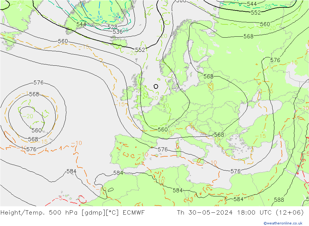 Height/Temp. 500 hPa ECMWF Do 30.05.2024 18 UTC