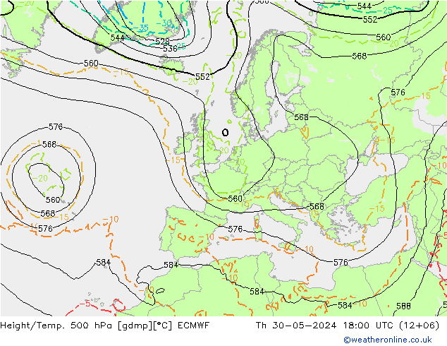 Z500/Rain (+SLP)/Z850 ECMWF czw. 30.05.2024 18 UTC
