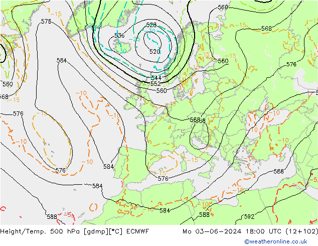 Z500/Rain (+SLP)/Z850 ECMWF Mo 03.06.2024 18 UTC