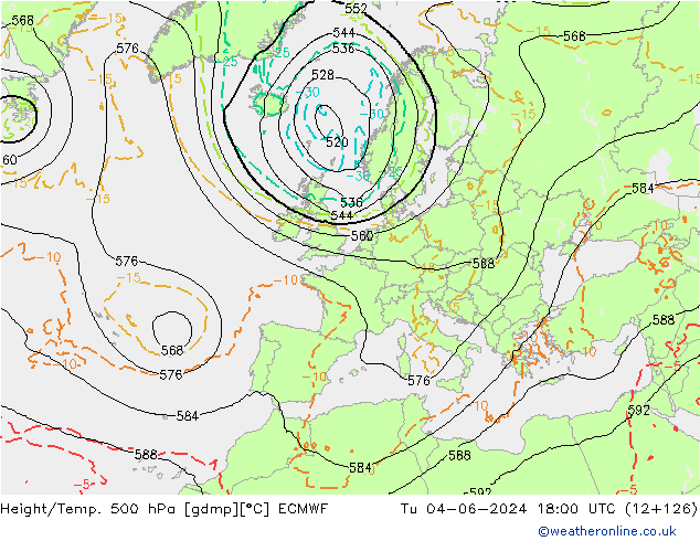 Hoogte/Temp. 500 hPa ECMWF di 04.06.2024 18 UTC