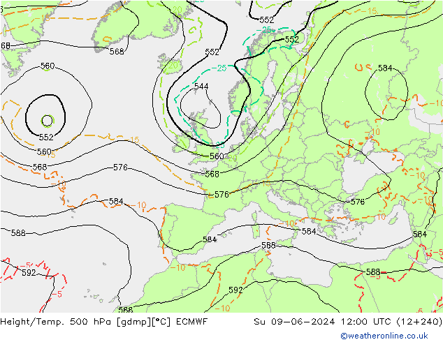 Z500/Regen(+SLP)/Z850 ECMWF zo 09.06.2024 12 UTC