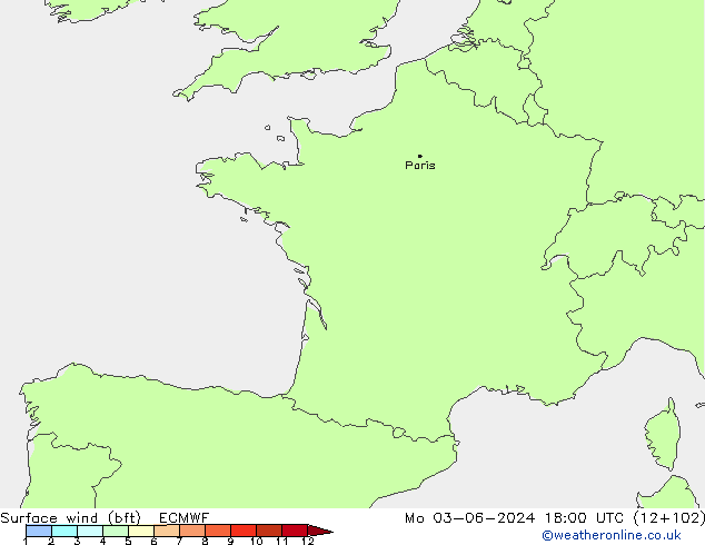 Vento 10 m (bft) ECMWF lun 03.06.2024 18 UTC