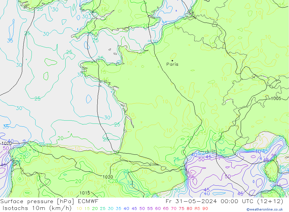 Eşrüzgar Hızları (km/sa) ECMWF Cu 31.05.2024 00 UTC