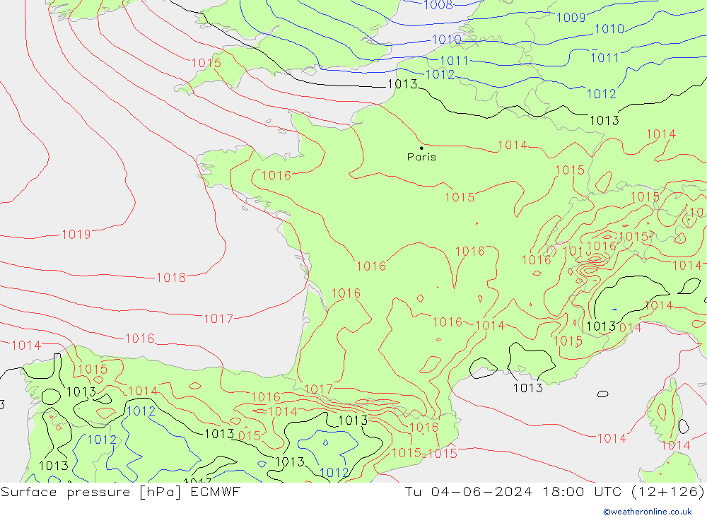 Atmosférický tlak ECMWF Út 04.06.2024 18 UTC