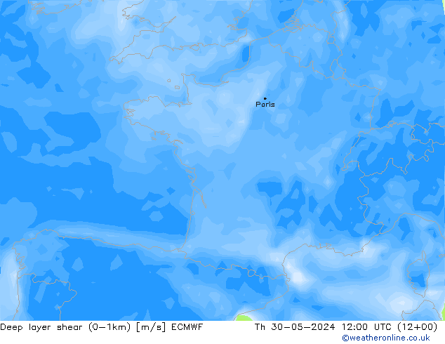 Deep layer shear (0-1km) ECMWF Th 30.05.2024 12 UTC