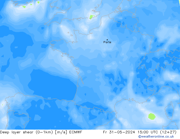 Deep layer shear (0-1km) ECMWF Pá 31.05.2024 15 UTC