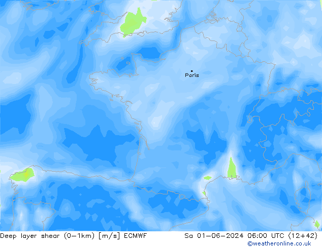 Deep layer shear (0-1km) ECMWF Sa 01.06.2024 06 UTC