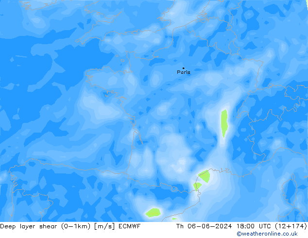 Deep layer shear (0-1km) ECMWF Th 06.06.2024 18 UTC