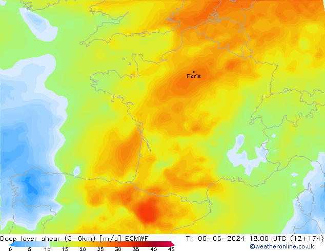 Deep layer shear (0-6km) ECMWF Th 06.06.2024 18 UTC