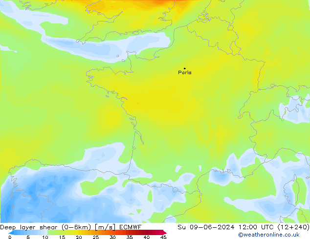 Deep layer shear (0-6km) ECMWF So 09.06.2024 12 UTC