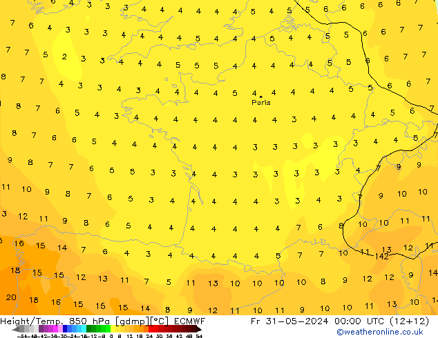 Geop./Temp. 850 hPa ECMWF vie 31.05.2024 00 UTC