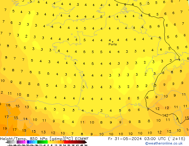 Height/Temp. 850 hPa ECMWF ven 31.05.2024 03 UTC