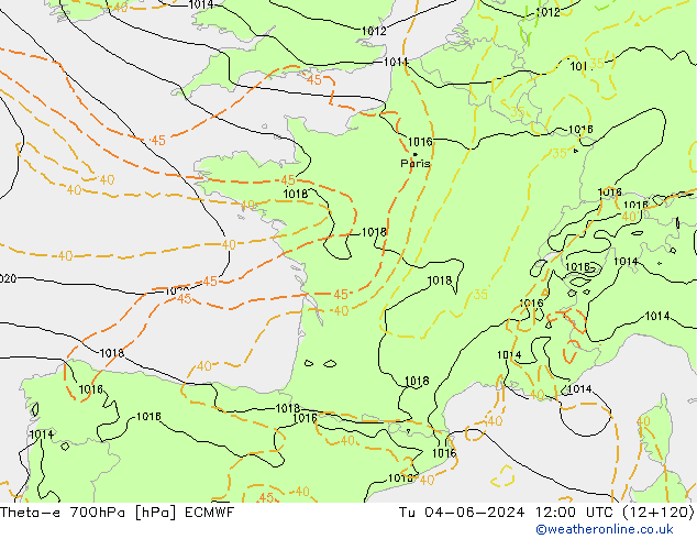 Theta-e 700hPa ECMWF di 04.06.2024 12 UTC