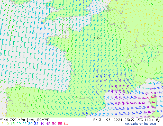 Vento 700 hPa ECMWF ven 31.05.2024 03 UTC