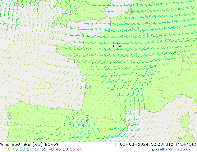 Rüzgar 850 hPa ECMWF Per 06.06.2024 00 UTC