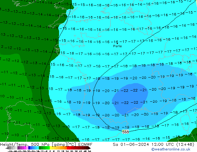 Height/Temp. 500 hPa ECMWF Sa 01.06.2024 12 UTC