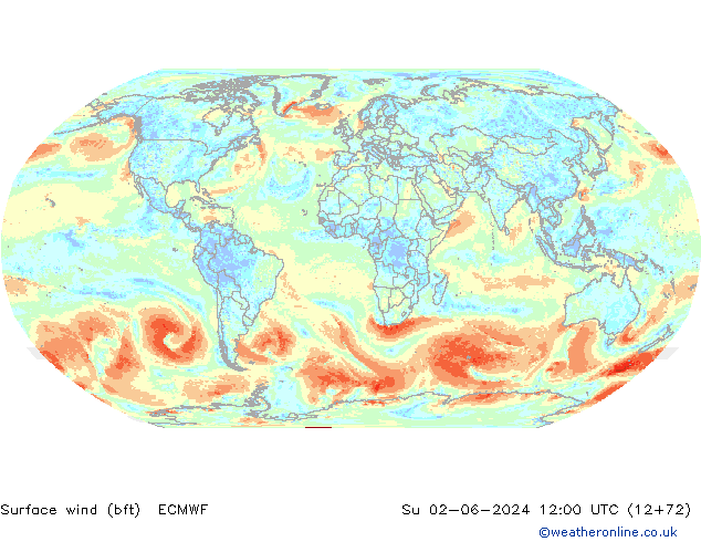 Surface wind (bft) ECMWF Ne 02.06.2024 12 UTC