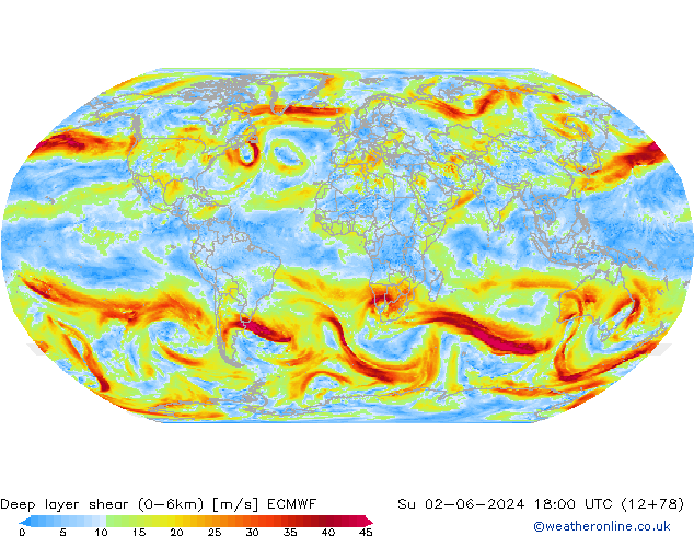 Deep layer shear (0-6km) ECMWF  02.06.2024 18 UTC