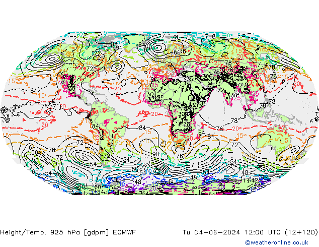 Height/Temp. 925 hPa ECMWF Tu 04.06.2024 12 UTC