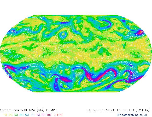 Linea di flusso 500 hPa ECMWF gio 30.05.2024 15 UTC