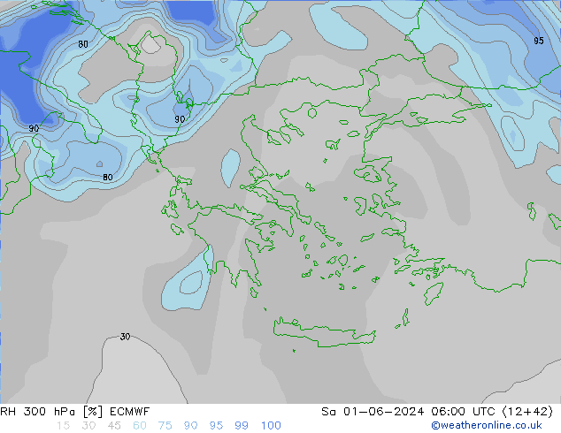 Humidité rel. 300 hPa ECMWF sam 01.06.2024 06 UTC