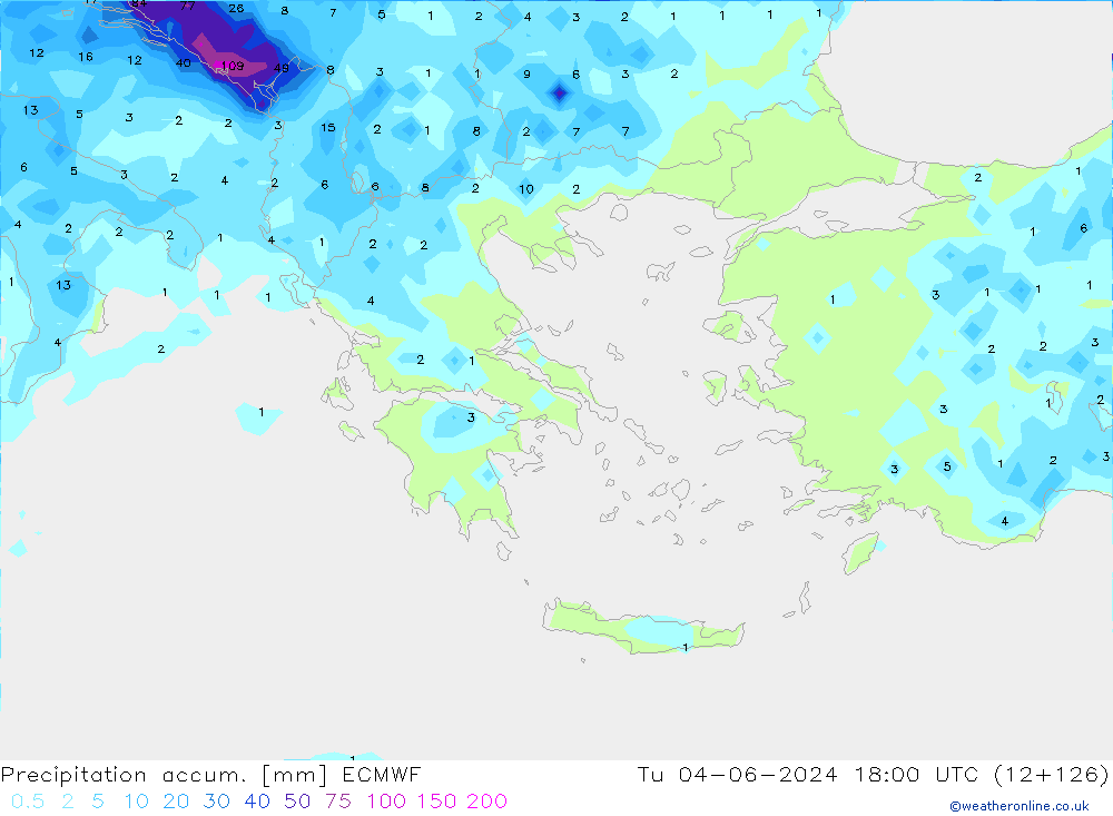 Precipitation accum. ECMWF вт 04.06.2024 18 UTC