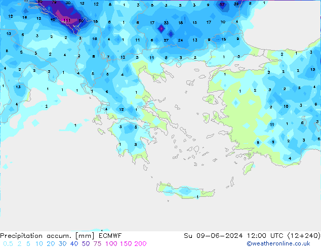 Precipitation accum. ECMWF Dom 09.06.2024 12 UTC