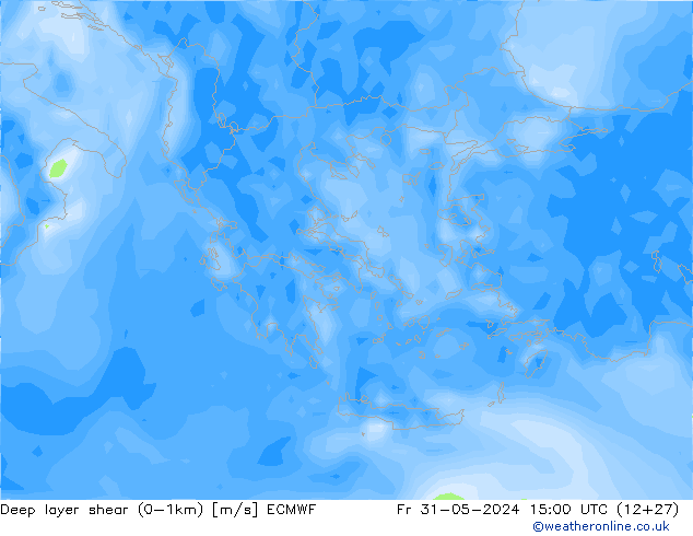 Deep layer shear (0-1km) ECMWF Cu 31.05.2024 15 UTC