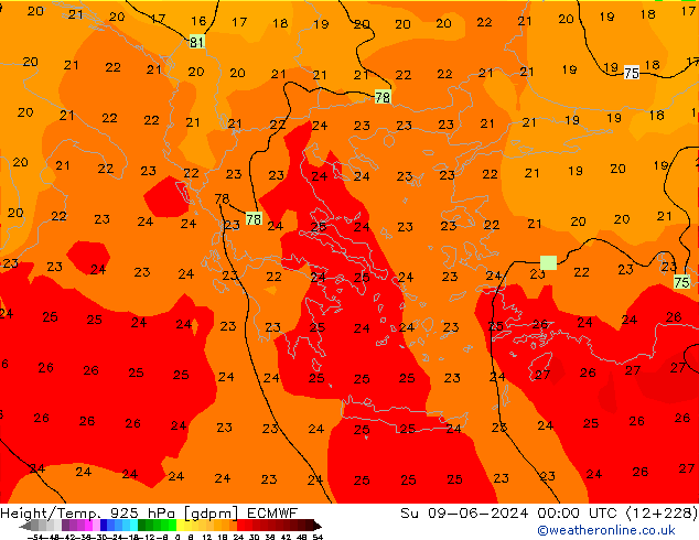 Height/Temp. 925 гПа ECMWF Вс 09.06.2024 00 UTC