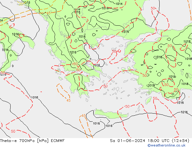 Theta-e 700hPa ECMWF za 01.06.2024 18 UTC