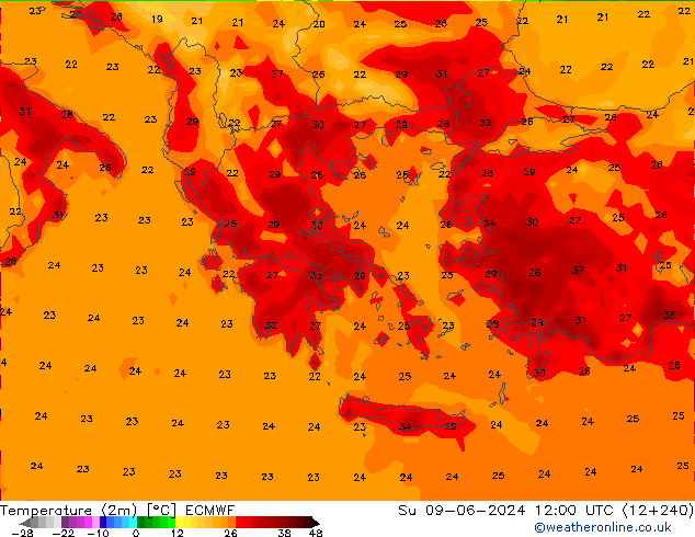 Temperatuurkaart (2m) ECMWF zo 09.06.2024 12 UTC
