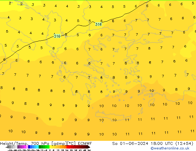 Hoogte/Temp. 700 hPa ECMWF za 01.06.2024 18 UTC