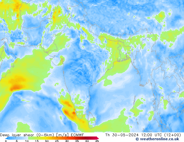 Deep layer shear (0-6km) ECMWF Per 30.05.2024 12 UTC