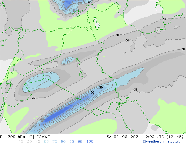 RH 300 hPa ECMWF so. 01.06.2024 12 UTC