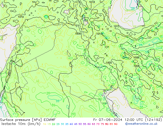 Isotachs (kph) ECMWF Pá 07.06.2024 12 UTC