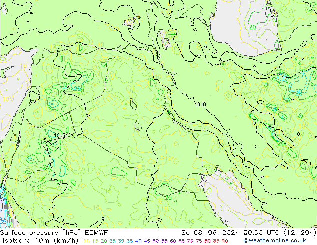 Isotachs (kph) ECMWF Sa 08.06.2024 00 UTC