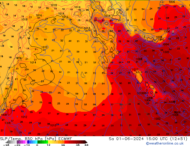 SLP/Temp. 850 hPa ECMWF Sa 01.06.2024 15 UTC