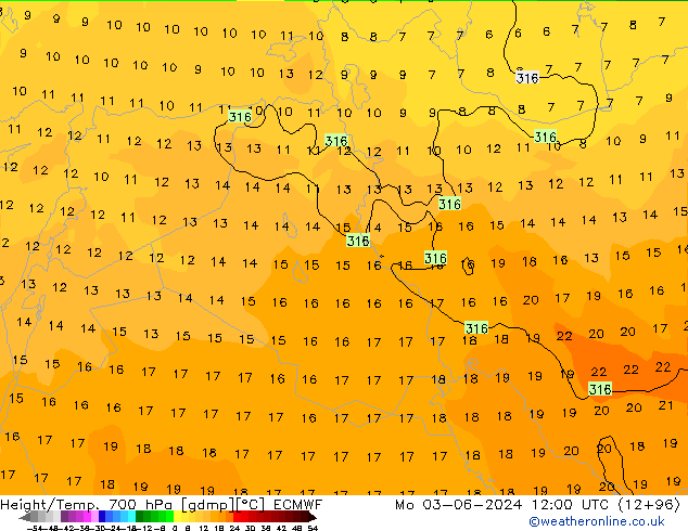 Height/Temp. 700 hPa ECMWF Mo 03.06.2024 12 UTC