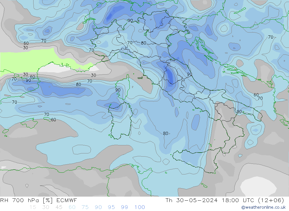 Humidité rel. 700 hPa ECMWF jeu 30.05.2024 18 UTC