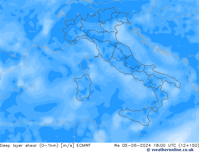 Deep layer shear (0-1km) ECMWF mer 05.06.2024 18 UTC