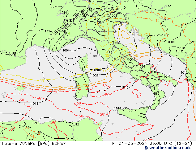 Theta-e 700hPa ECMWF ven 31.05.2024 09 UTC